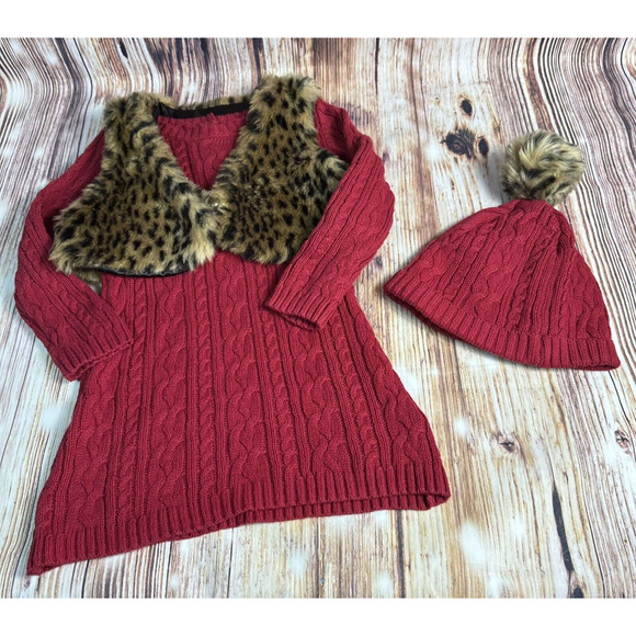 Catherine Malandrino Other - Catherine Malandrino Mini Girls Sz 18M Cable Knit Sweater Dress Leopard Vest Hat